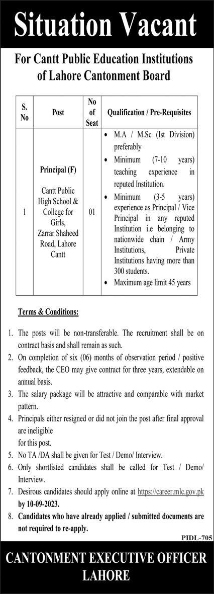 Principal (F) Jobs Cantt Public High School & College For Girls Lahore 2023