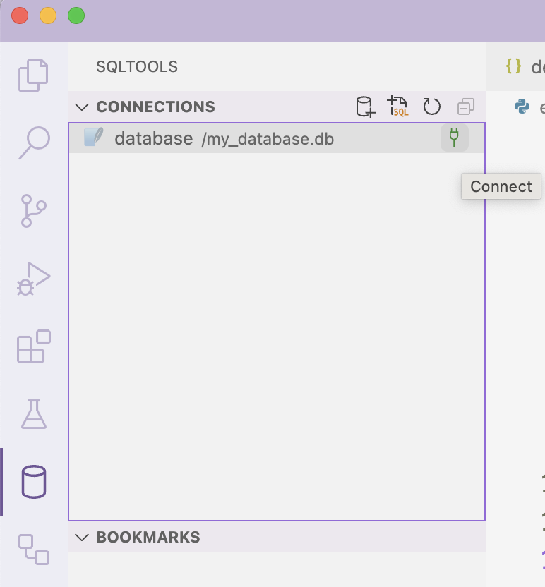 Screenshot of VS Code sidebar with SQLTools extension open, cursor on right side of database connection 