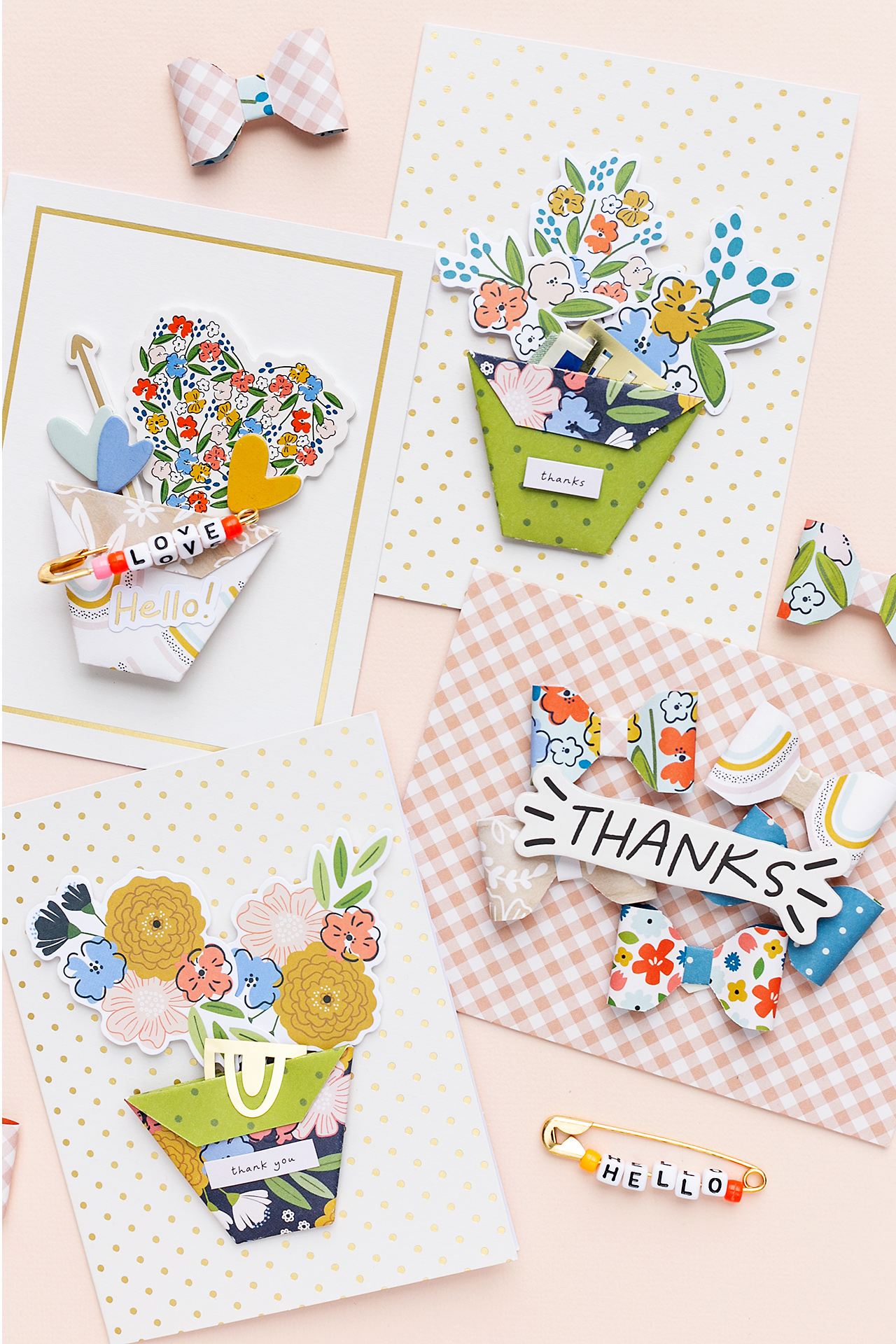 Cardmaking with Reaching Out with bows and handmade embellishment Four happy cards made with the Jen Hadfield Collection American Crafts Sandra Dietrich Mojosanti