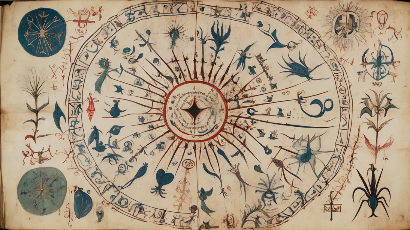 A mysterious and ancient-looking manuscript with cryptic symbols, symbolizing the Voynich Manuscript.