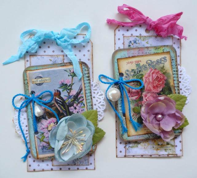 Blue and Pink Mixed Media Floral Tags by Dana Tatar for Inkido