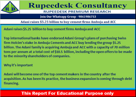 Adani raises $5.25 billion to buy cement firms Ambuja and ACC - Rupeedesk Reports 01.08.2022