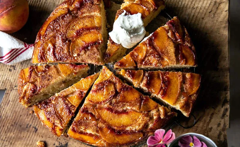 Cinnamon Sugar Peach Upside-Down Skillet Cake