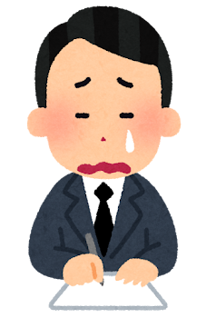 紙に何かを書く会社員のイラスト（泣いた顔・男性）
