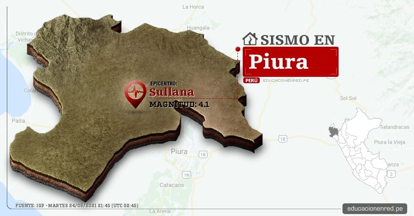 Temblor en Piura de Magnitud 4.1 (Hoy Martes 24 Agosto 2021) Sismo - Epicentro - Sullana - IGP - www.igp.gob.pe