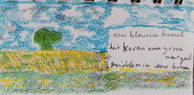 Boom in korenvelden, tekening en haiku