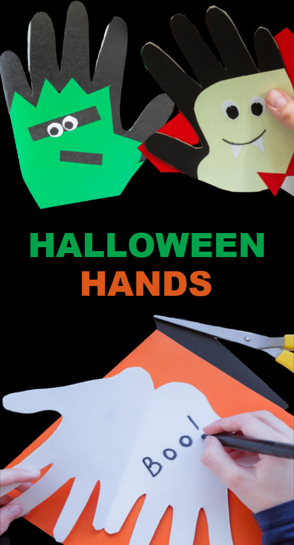 Turn kids hand prints into adorable Halloween art and make "SPOOKY HANDS" #halloween #halloweencrafts #handprintcraftsforkids #spookyhands #growingajeweledrose #activtiesforkids