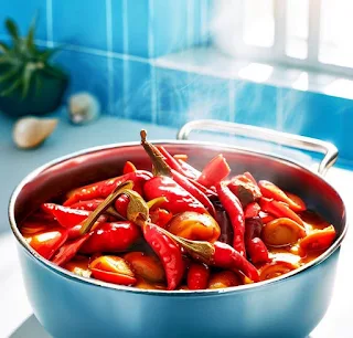 hot pepper red palm oil veggie stew in a bright blue and white kitchen
