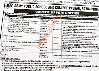 Army Public School & College Pasban Rawalpindi Jobs 2023