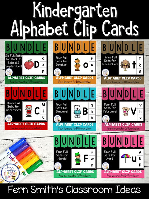You can click on the picture or the caption below it to arrive at my TpT store already sorted for the grade level items you want for your class. Seasonal Alphabet Clip Cards for your Pre-K, Kindergarten, and First Grade Students. #FernSmithsClassroomIdeas