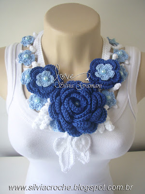 croche, azul, colar de croche, colar de flores, colar de flores de de croche