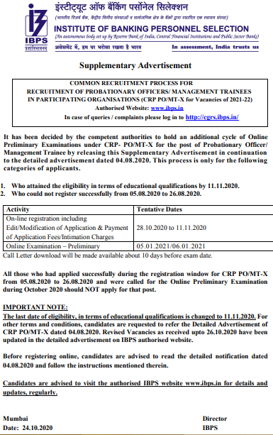 IBPS PO MT 2020 Notification Reopened