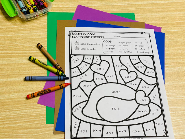 Multiplying Integers Coloring Worksheet Thanksgiving Turkey Dinner