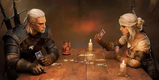 Geralt et Ciri jouant au Gwent (devenu jeu à part entière)