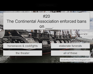 The Continental Association enforced bans on ___. Answer choices include: horseraces & cockfights, elaborate funerals, the theater, all of these