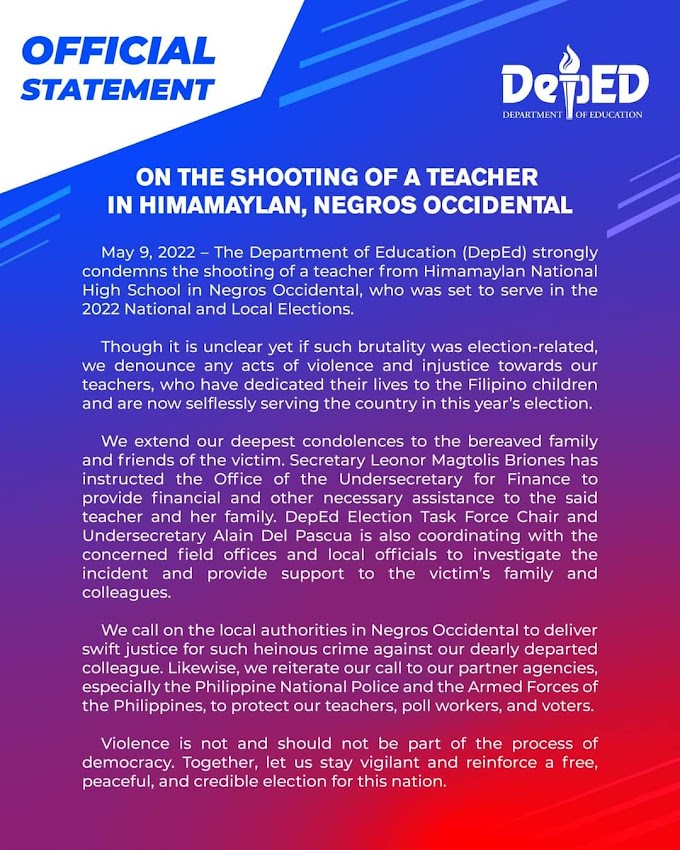 DepEd official statement on the shooting of Teacher in Himalayan, Negros Occidental (Read Full Details)