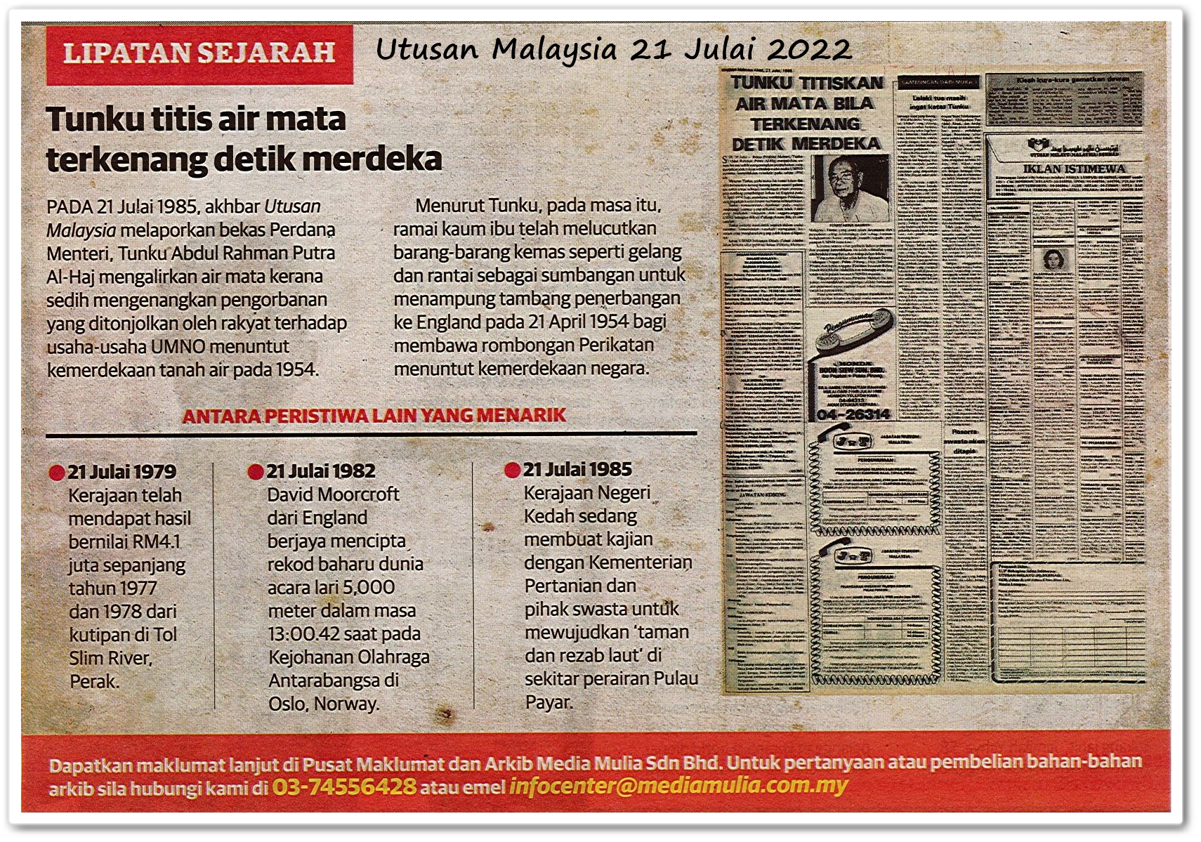 Lipatan sejarah 21 Julai - Keratan akhbar Utusan Malaysia 21 Julai 2022