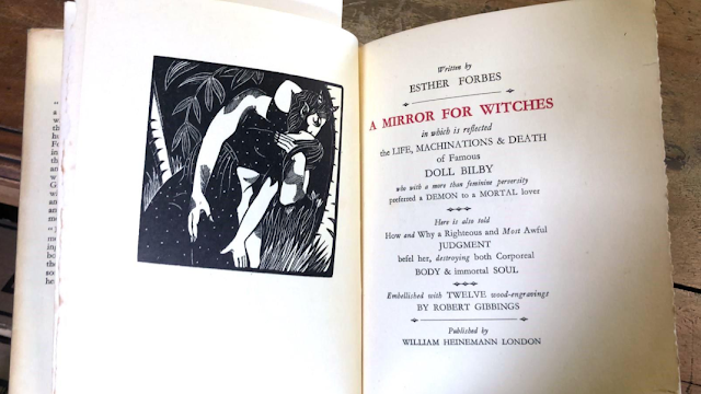 Image showing photo of book "A Mirror for Witches" by Esther Forbes (1928), with woodcuts by Robert Gibbings