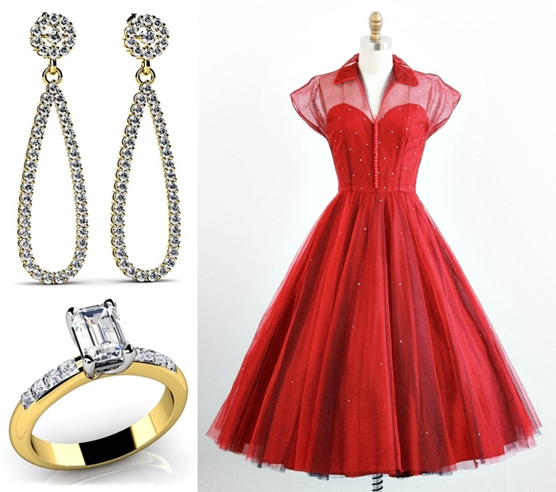 rhinestone, cupcake and navy, with cupcake jewelry Vintage long   red  dress vintage 1950s