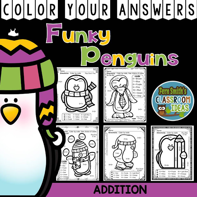   Fern Smith's Classroom Ideas  Winter Math: Winter Fun! Funky Penguins Addition Facts - Color Your Answers Printables at TeacherspayTeachers. #TpT