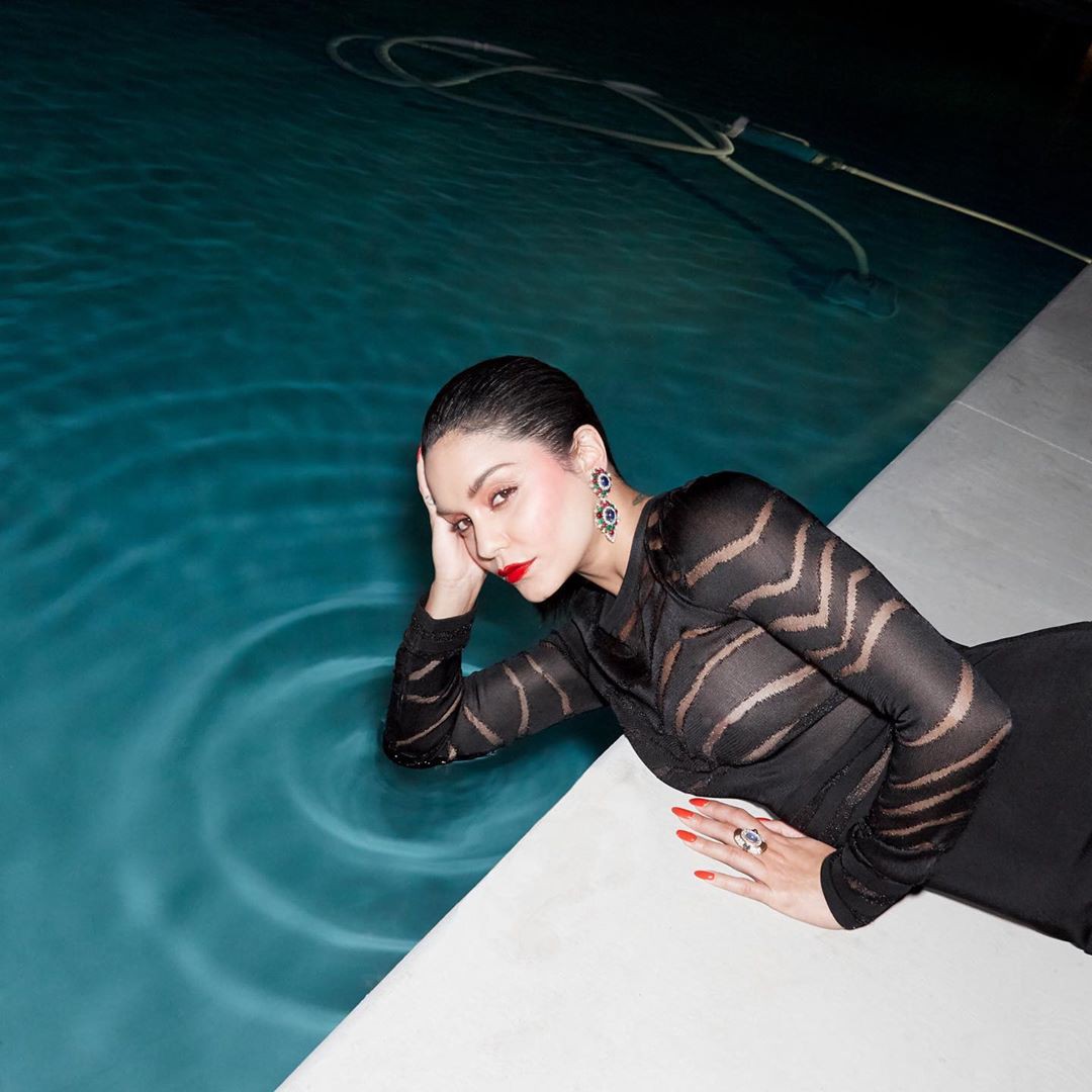 Vanessa Hudgens beautiful fashion model pose braless in sheer top exposing nipple photo