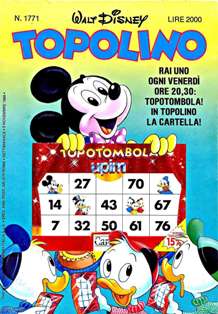 Topolino 1771 - 5 Novembre 1989 | ISSN 1120-611X | CBR 215 dpi | Settimanale | Fumetti Classici | Universo Disney
Numero volumi : IN CORSO
Topolino apparve in Italia il 30 marzo 1930, quando sul n.13 del settimanale torinese Illustrazione del Popolo, diretto da Lorenzo Gigli, fu pubblicata la prima striscia disegnata da Ub Iwerks e intitolata Le avventure di Topolino nella giungla. Due anni dopo si ha il primo libro illustrato italiano con le sue immagini: Sua Altezza Reale il Principe Codarello e, poco più tardi, il 31 dicembre 1932, esce il primo numero di Topolino in formato giornale, edito da Nerbini.
Sulla falsariga del celebre Corriere dei Piccoli, anche Topolino si presentava ai lettori con periodicità settimanale e si apriva con una breve storia in cui le didascalie sono scritte in rima e realizzata da Giove Toppi, che divenne quindi il primo autore Disney italiano. Sul settimanale della Nerbini, comunque, trovano spazio soprattutto le strisce e le tavole realizzate da Floyd Gottfredson. In queste storie vengono anche introdotte delle didascalie in rima, scritte dal primo direttore della rivista, Paolo Lorenzini (detto Collodi Nipote in quanto nipote di Carlo Collodi), e viene anche assegnato il nome definitivo alla spalla di Topolino, ovvero quel Pippo un po' lunatico e un po' svampito che sui libri della Salani veniva ancora chiamato Medoro.
Nerbini non si era assicurato correttamente i diritti di pubblicazione: quando aveva varato la sua rivista, infatti, si era rivolto al Consorzio Cinematografico E.I.A., il distributore dei cortometraggi di Topolino, quando in realtà i diritti per le riviste erano stati dati in mano al giornalista Guglielmo Emanuel dallo stesso Disney. Per cui, per un paio di numeri, la testata passò da Topolino a Topo Lino, per poi riprendere la nota testata con il n.7. Il Topolino Giornale era formato da otto pagine e non conteneva solo storie a fumetti Disney ma anche storie non-Disney che anzi erano di solito la maggioranza delle storie presenti in un numero.
Il numero 137 del Topolino Giornale, dell'11 agosto 1935, segna il passaggio di consegne da Nerbini alla Mondadori. Il fascismo, tuttavia, causò dei problemi al giornale. Dal 1938, il Min.Cul.Pop. (Ministero della Cultura Popolare) impone alla stampa di non editare più i protagonisti del fumetto popolare americano. Il solo Topolino è risparmiato, e così il suo logo e il suo personaggio possono continuare ad esistere nelle edicole italiane, ma in piena seconda guerra mondiale, a partire dal n.476 del 27 gennaio 1942, anche il settimanale è costretto a cedere alle restrizioni. Lo sostituisce Tuffolino, un ragazzetto dalle medesime caratteristiche fisiche, disegnato dal grande illustratore Pierlorenzo De Vita. Con la fine del fascismo, le avventure di Topolino poterono di nuovo essere pubblicate.
Alla fine degli anni quaranta, però, i giornali a fumetti che pubblicavano storie a puntate di non più di due tavole ad episodio erano irrimediabilmente in crisi, e così lo stesso Topolino, le cui vendite erano di gran lunga calate rispetto al periodo d'oro. Mondadori, però, non poteva rinunciare alla rivista da edicola per non perdere i ricchi diritti delle pubblicazioni da libreria, così decise un doloroso ma necessario cambio di formato e periodicità. Nel 1949 nasce così il periodico a fumetti Topolino formato libretto, all'inizio con cadenza mensile, quindi quindicinale e, infine, settimanale, fino a giungere a oggi al suo sessantesimo anniversario e con oltre 3000 numeri usciti, ricchi di storie tra le più famose, con autori da Carl Barks a Romano Scarpa, da Floyd Gottfredson a Giovan Battista Carpi e così via.