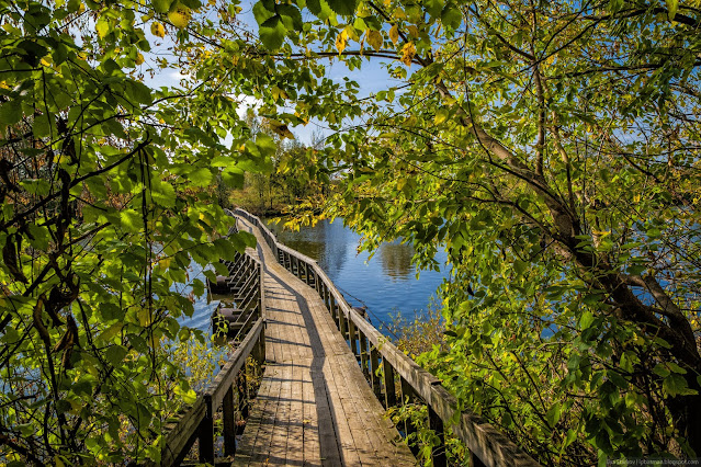 Деревянный понтонный пешеходный мост
