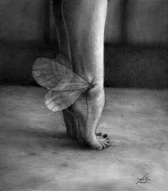 Black & white drawing of a pair of bare feet, standing up on tiptoes, with painted toenails and two wings coming out of their ankle joint. Where the wings attach to the ankle the skin looks broken and bleeding. By Simone Pinna