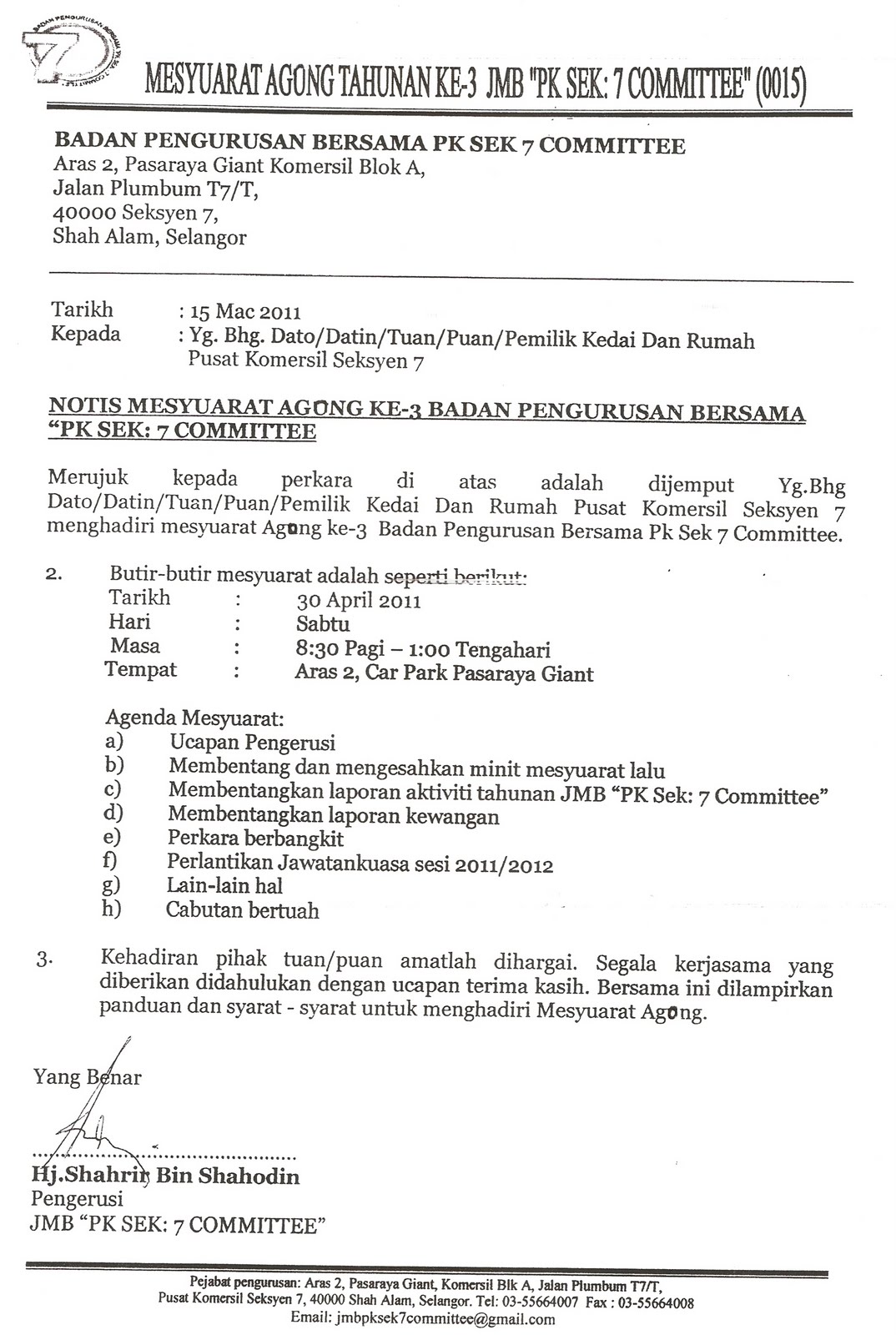 Contoh Surat Panggilan Mesyuarat Ibubapa