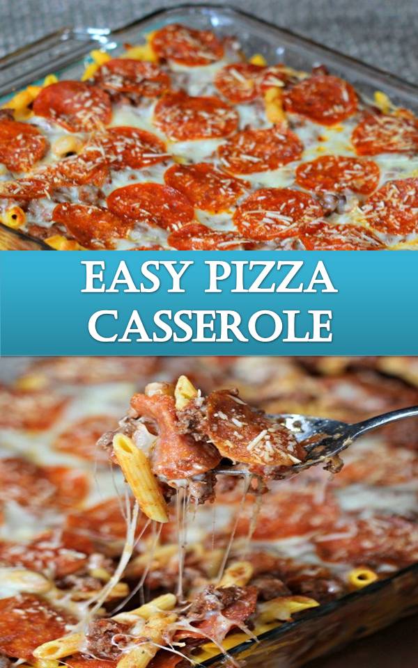 Easy Pizza Casserole Recipe This easy pizza casserole recipe is a family pleaser! An Easy casserole recipe. Plus this pizza pasta casserole is an easy freezer meal. Try it today! Ingredients 1 lb ground beef (or Italian Sausage) 6 oz pepperoni 3 cups Mozzarella cheese 28 oz can of crushed tomatoes (or 2 15 oz cans of crushed tomatoes) 1 teaspoon garlic salt 1 Tablespoon Italian Seasoning 16 oz penne pasta 1/4 cup Parmesan cheese Instructions Preheat oven to 350 degrees. Brown the ground beef and drain any sausage. Pour in the crushed tomatoes, Italian seasoning, and the garlic salt. Stir to combine. Meanwhile boil pasta according to directions but cook to al dente, meaning you want the pasta to be firm and undercooked. Drain pasta and pour half of the pasta in a 9x13 baking dish. Spoon half the meat mixture over the pasta. Top with half the Mozzarella cheese. Lay half the pepperonis on top. Then later the remaining pasta, meat sauce,