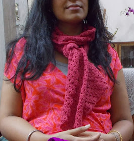 Sweet Nothings Crochet pattern blog, easy paid pattern for a gorgeous scarf, modelled photo of the kaju katli scarf