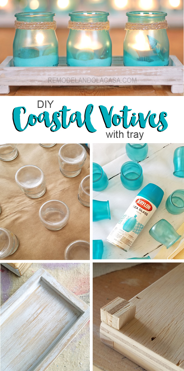 Using Krylon sea glass spray paint to paint recycled glass votives