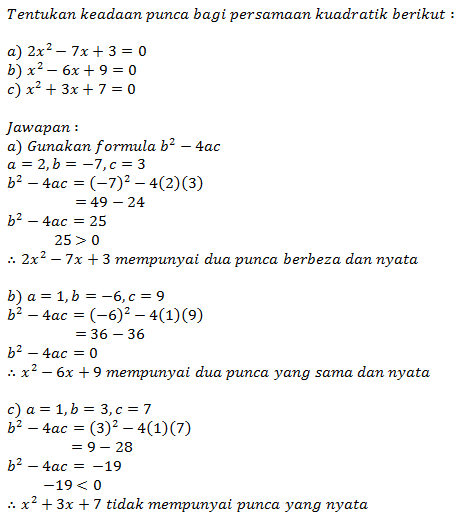 Matematik Tambahan Spm Keadaan Punca Bagi Persamaan Kuadratik