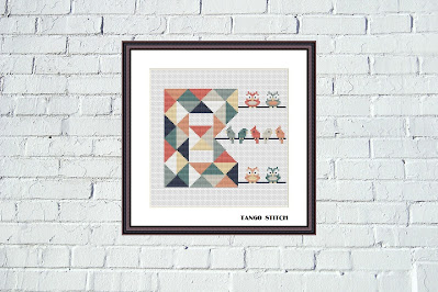 Letter B and cute birds geometric patchwork cross stitch pattern