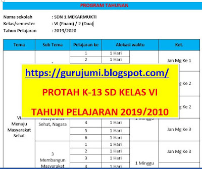  ini untuk membantu semua guru yang ditugaskan oleh Kepala Sekolah untuk menjadi guru atau ✔ Download, Unduh Protah (Program Tahunan) K-13 Kelas VI, 6 SD Semester 1 dan 2 Tahun Pelajaran 2019/2020 Sudah Jadi