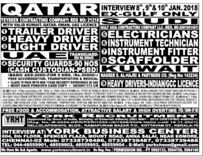 Qatar, KSA & Kuwait Large Job Recruitment - Free food & Accommodation