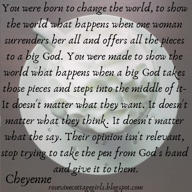 You were born to change the world, to show the world what happens when one woman surrenders her all and offers all the pieces to a big God. You were made to show the world what happens when a big God takes those pieces and steps into the middle of it- It doesn't matter what they want. It doesn't matter what they think. It doesn't matter what the say. Their opinion isn't relevant, stop trying to take the pen from God's hand and give it to them.