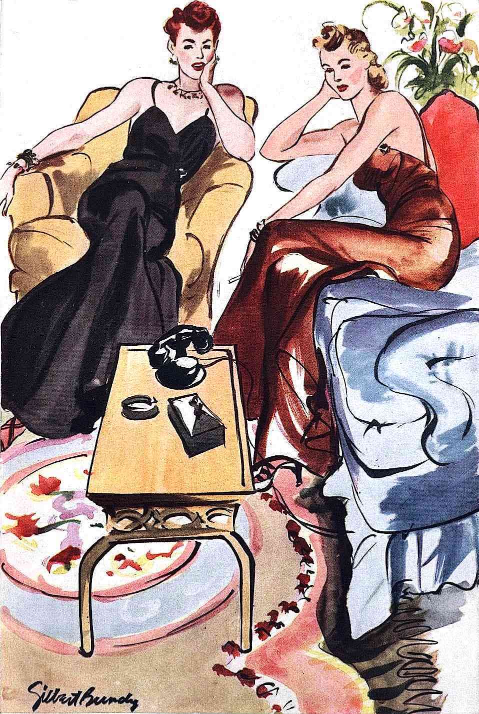 a Gilbert Bundy magazine illustration of two sophisticated women seated