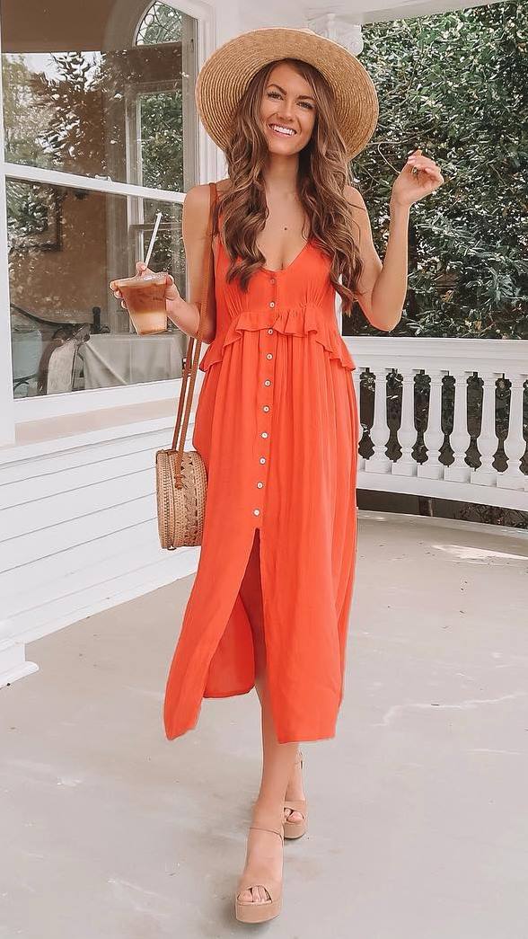 great outfit idea to try right now / red dress + round bag + hat + beige sandals