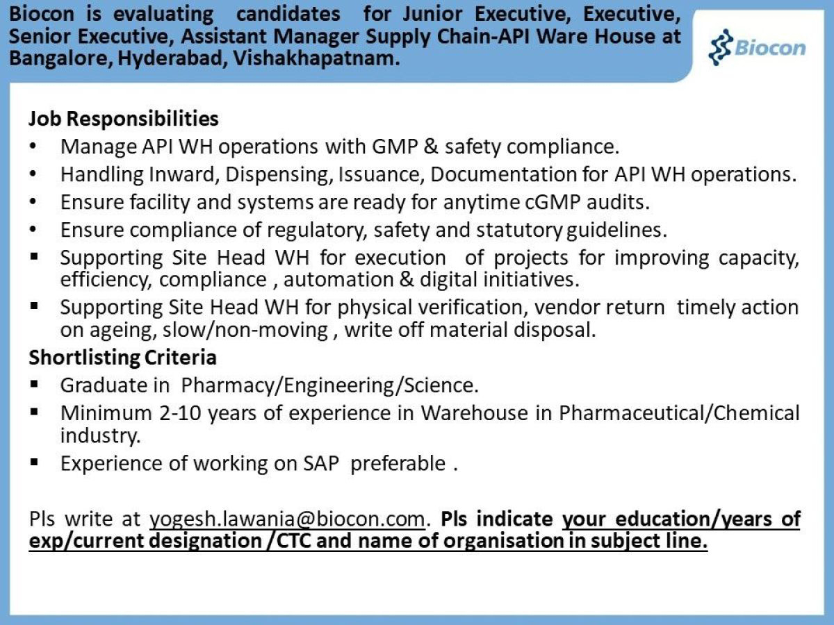 Job Available's for Biocon Job Vacancy for Junior Executive/ Executive/ Senior Executive/ Assistant Manager Supply Chain-API  Warehouse