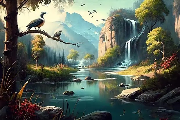 Beautiful Nature Lovely Countryside Place view of Valley Meadow Landscape Wallpaper with Waterfall, Mountains, Forest Trees, Flowers, Birds, Sunset, and Water river.