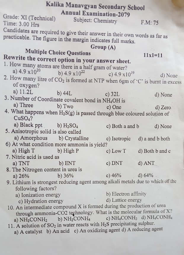 Class 11 Chemistry technical paper 2079 (final term)