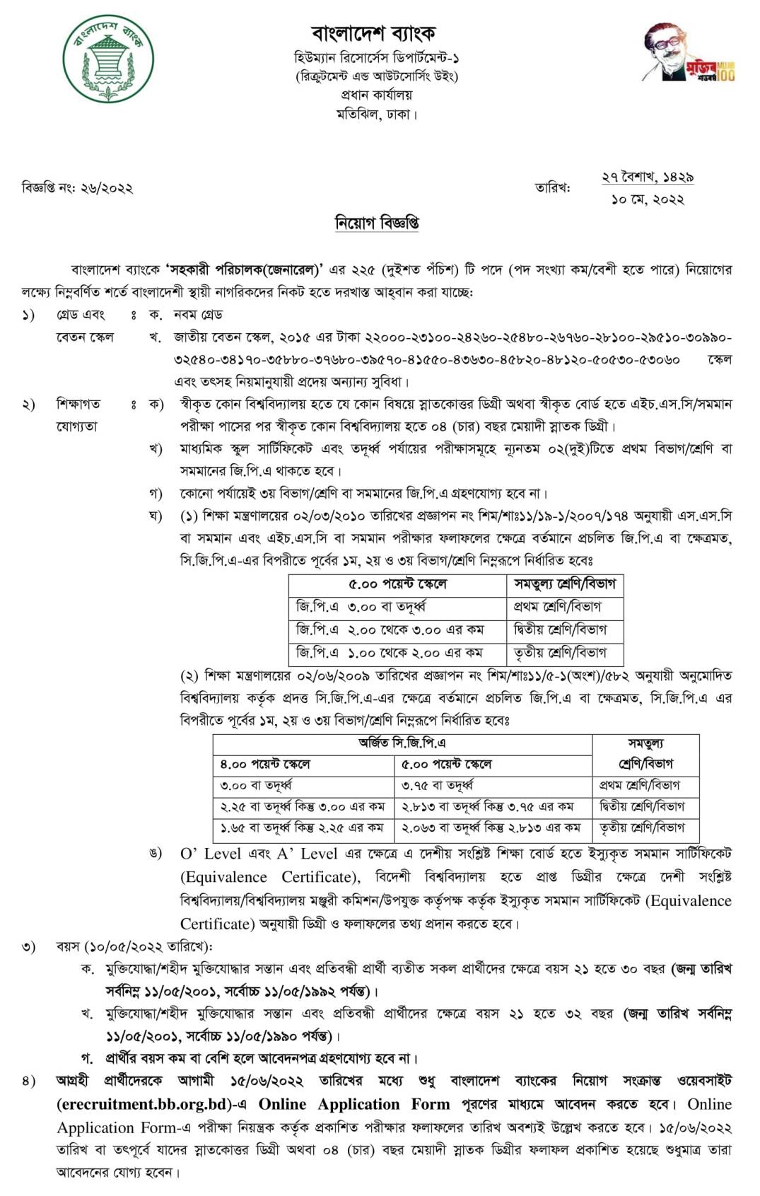 ২২৫ পদে বাংলাদেশ ব্যাংক নিয়োগ বিজ্ঞপ্তি ২০২২