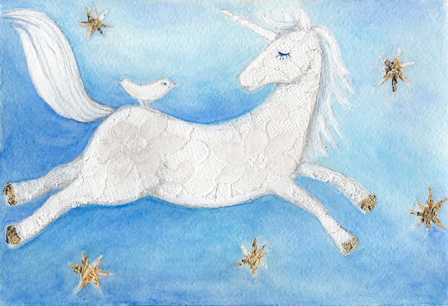 Unicorn white Birthday card linnuke illustratsioon akvarell pits lace stars #horse #bird #lace