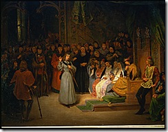 Jeanne d'Arc, en presence de Charles VII, repond aux prelats qui l'interrogent, en annoncant sa mission et les visions qui la lui ont revelee. <br /><br />Joan of Arc, in the presence of Charles VII, King of France, answers the questions of the prelates; she anounces her mission and the visions which have revealed her task.<br /><br />Canvas, 142 x 167 cm<br /><br /><br /><br /><br /><br />