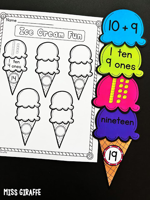 Ice cream place value game that is so cute and fun for first grade or kindergarten math