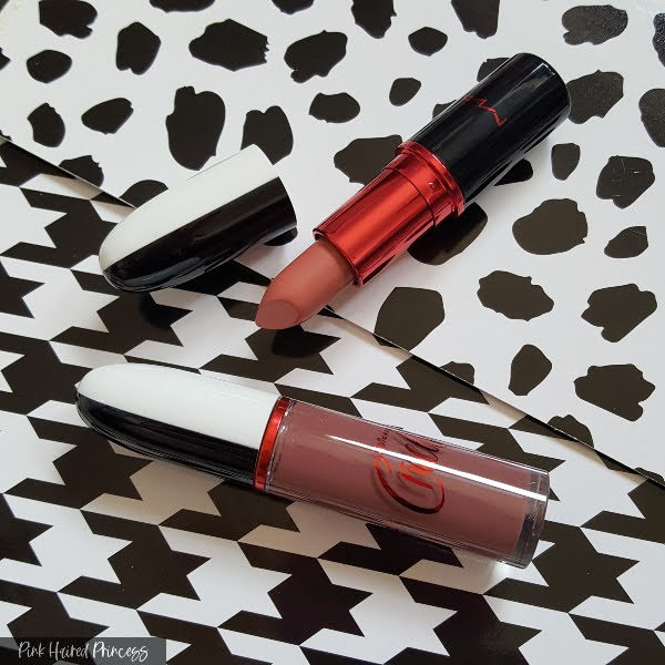 MAC Cruella liquid lipstick and matte lipstick on dogtooth background