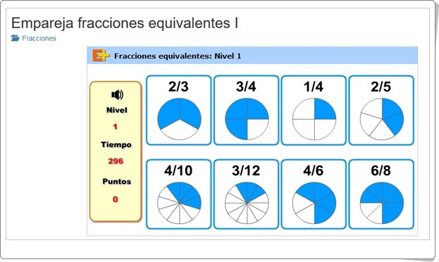 "Empareja fracciones equivalentes nivel I" (Juego de Matemáticas de Primaria)