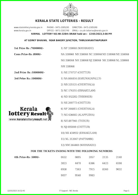 Off. Kerala Lottery Result; 12.05.2023 Nirmal Lottery Results Today "NR-328"