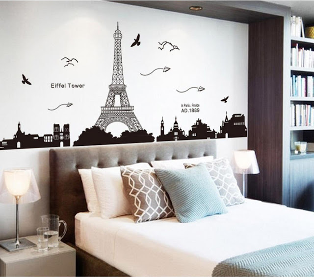 simple paris themed bedrooms with eiffel wall sticker behind headboard and modern single bed